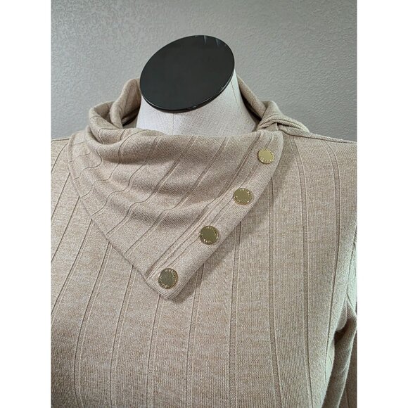 Rafaella Beige Ribbed Long-Sleeve Sweater With Button Accent Cowl Neckline Women - Picture 3 of 7
